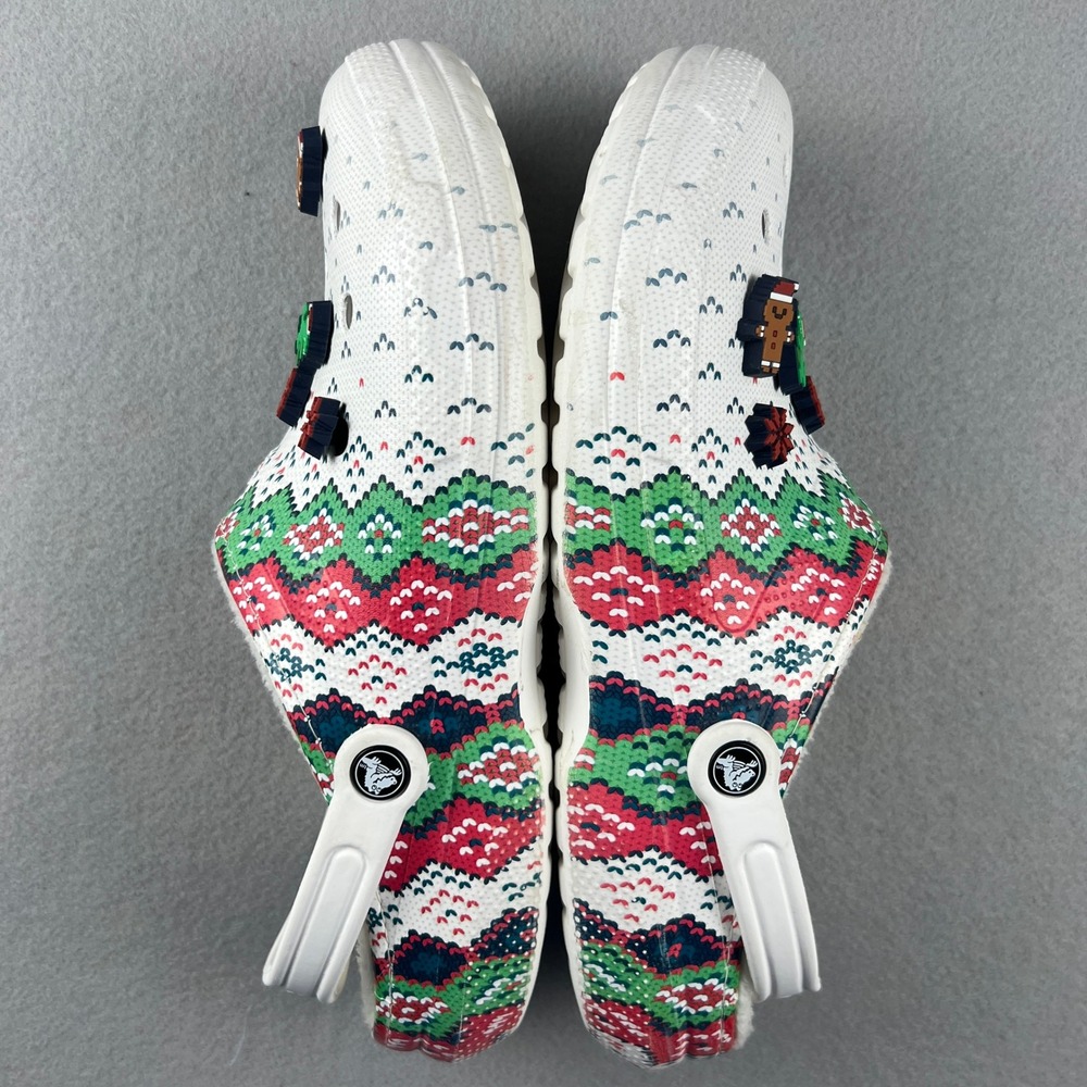 Crocs Classic Lined Clog Mens 13 White Fair Isle Holiday Christmas Pixel Jibbitz - Picture 6 of 16
